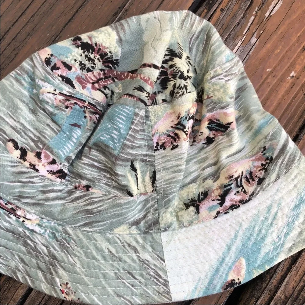Hawaiian Luau Floral Hat Pool Sunhat Bucket Palm Tree Ocean Cotton Vintage 90s - Picture 3 of 8